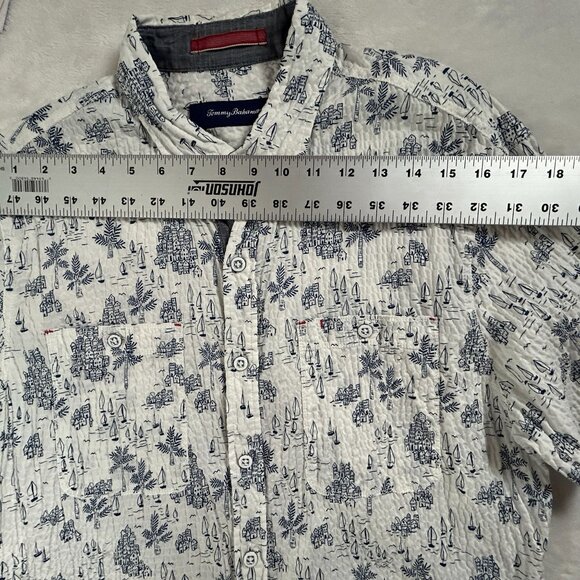 Tommy Bahama Camp Shirt Mens Medium Santorini Sail Stretch Cotton Puckered Blue - Picture 5 of 9